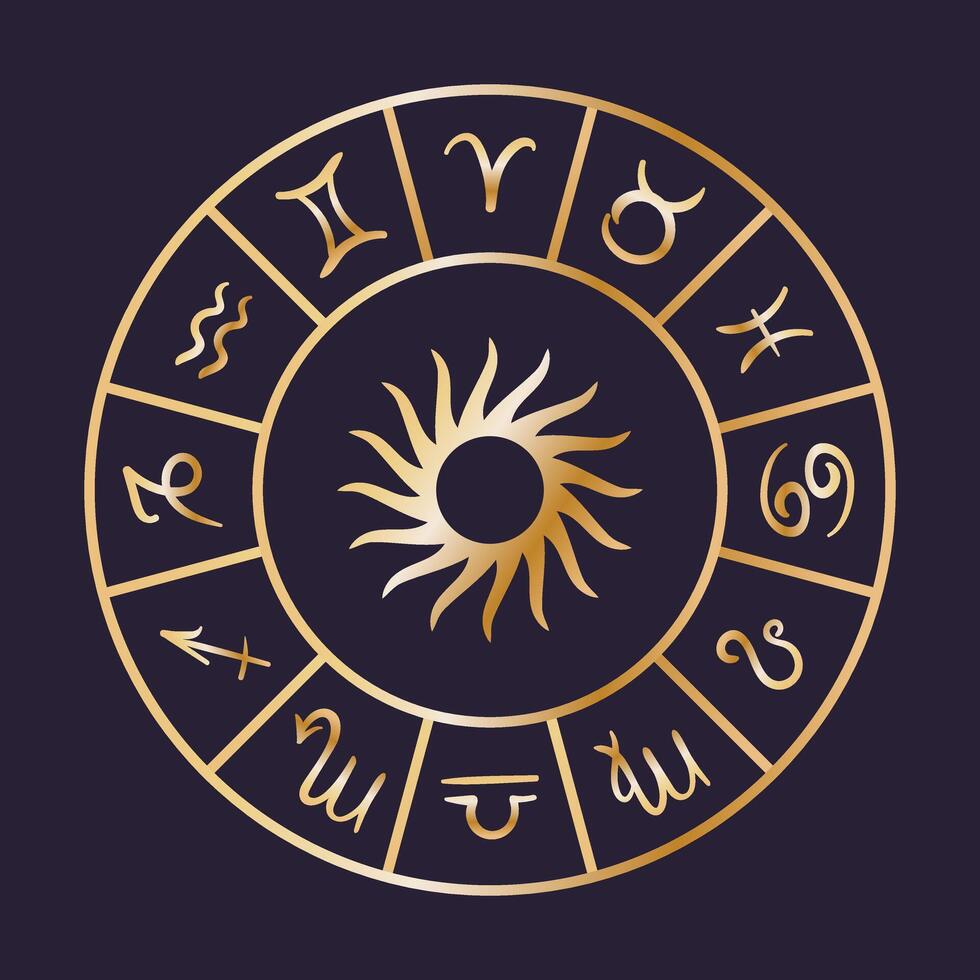 Astrological Zodiac Signs Wheel featuring the significant Sun Symbol at its center. celestial objects, astrology, mystical, space, predict the future vector