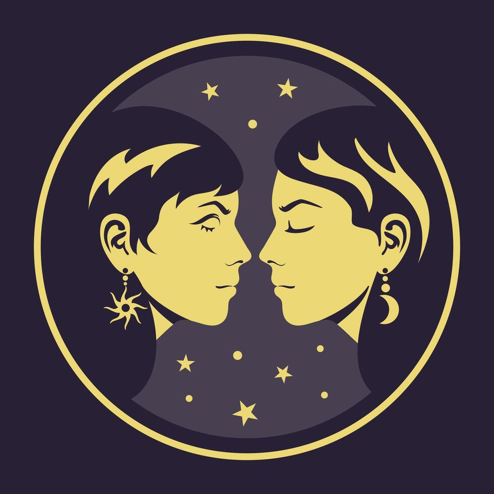 Gemini Zodiac Sign A Unique Artistic Representation Exploring Its Various Aspects and Meanings. astrological signs, celestial objects, astrology, mystical, space, predict the future vector
