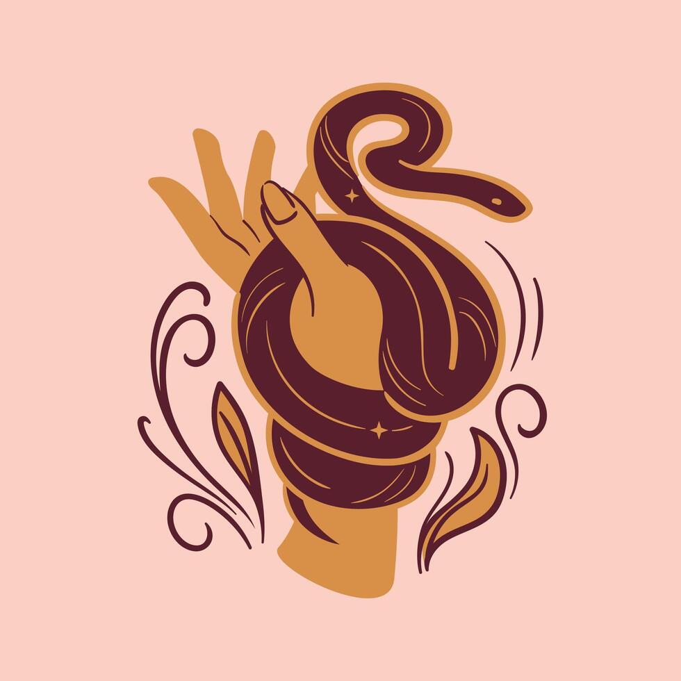 This is a stylish and artistic illustration showcasing a hand gracefully holding a serpent against. Chinese New Year Wood Snake. illustration with mystical magical and natural flair. Boho style vector