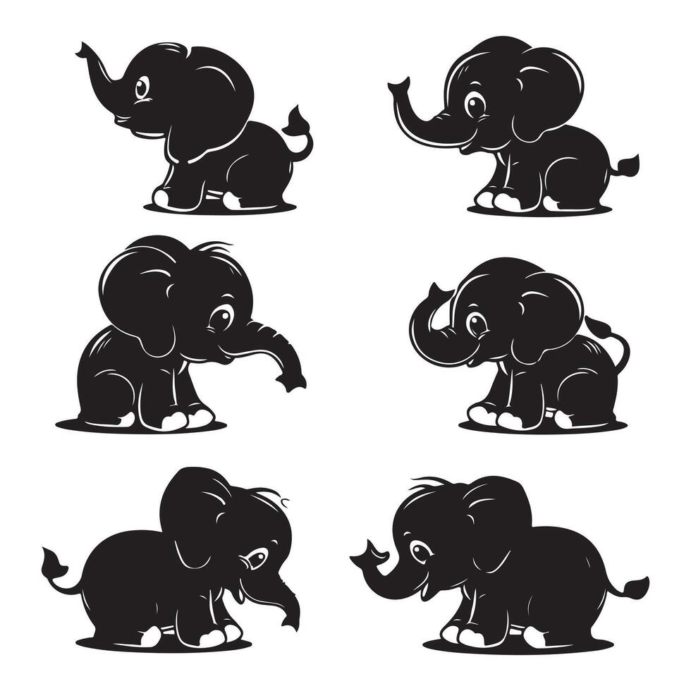 Baby elephant full body silhouette multiple expression collection vector