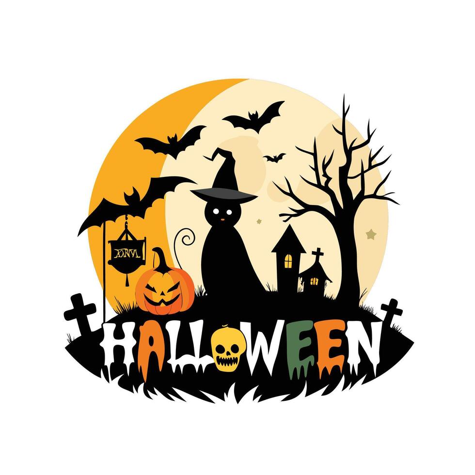 Modern Halloween Art Haunted House and Pumpkin Silhouette with Bat vector