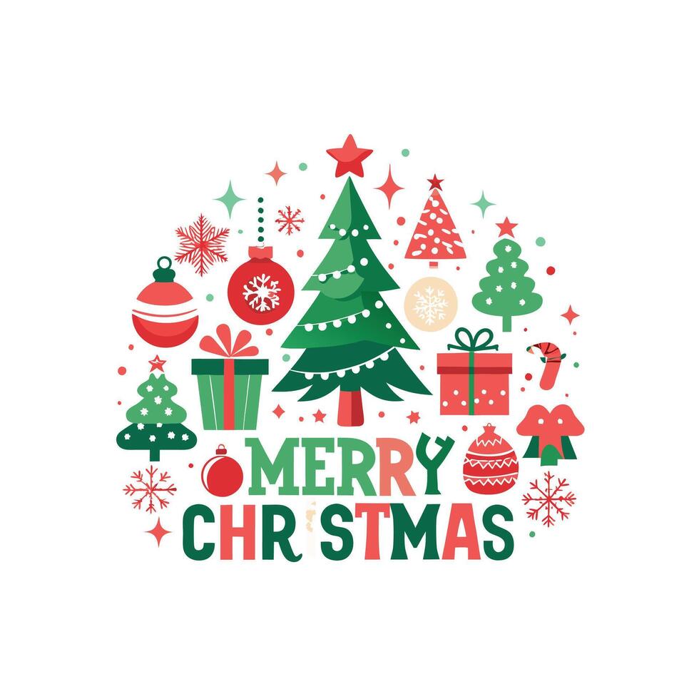 merry christmas card with christmas tree, presents and other items vector