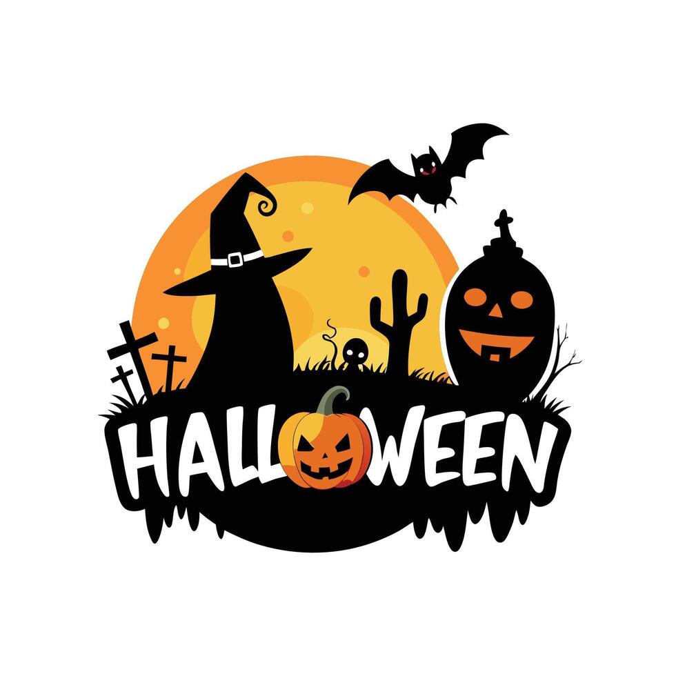 Horror Halloween Night Bat Silhouette with Haunted House and Pumpkin Symbol vector