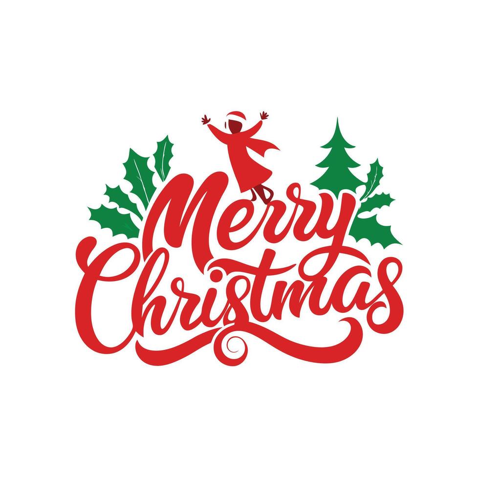 merry christmas card with merry Christmas text tree, presents and other items vector