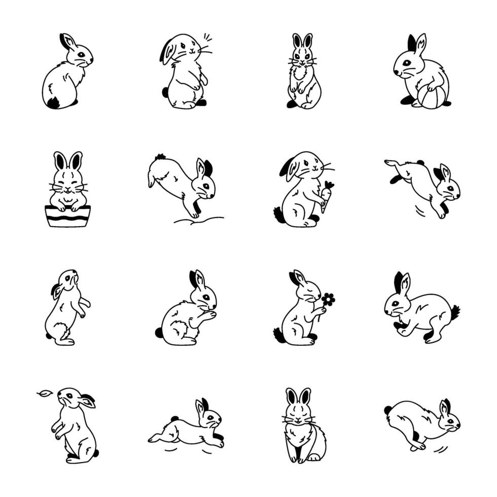 Set of 16 Rabbit Cartoon Drawing Icons vector