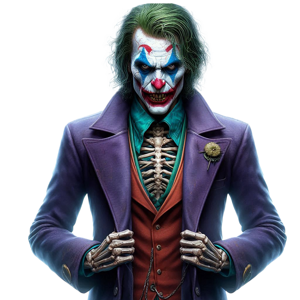 A Halloween joker with a scare clown face and a purple jacket with a skull on it. png