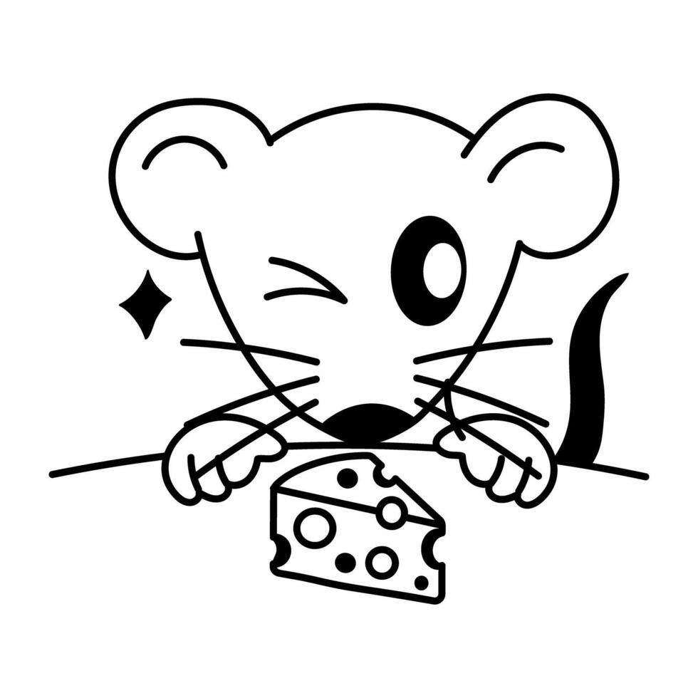 Hand drawn icon of greedy mouse stealing cheese vector