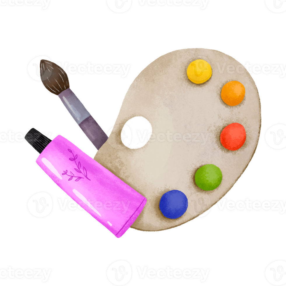 Palette with paints and brushes. Oil and acrylic paints. Back to school. Hand drawn illustration on isolated background png