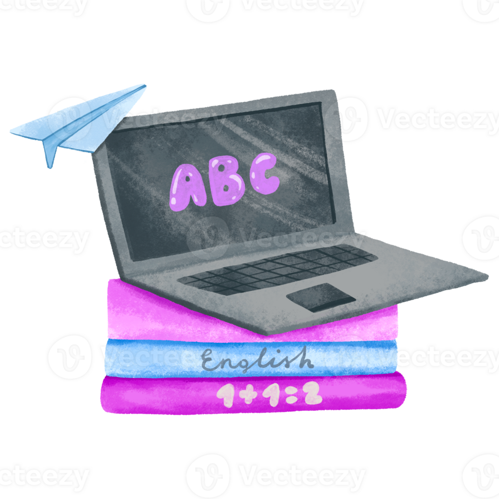 A stack of school books and textbooks and a laptop. Back to school. Hand drawn illustration on isolated background png