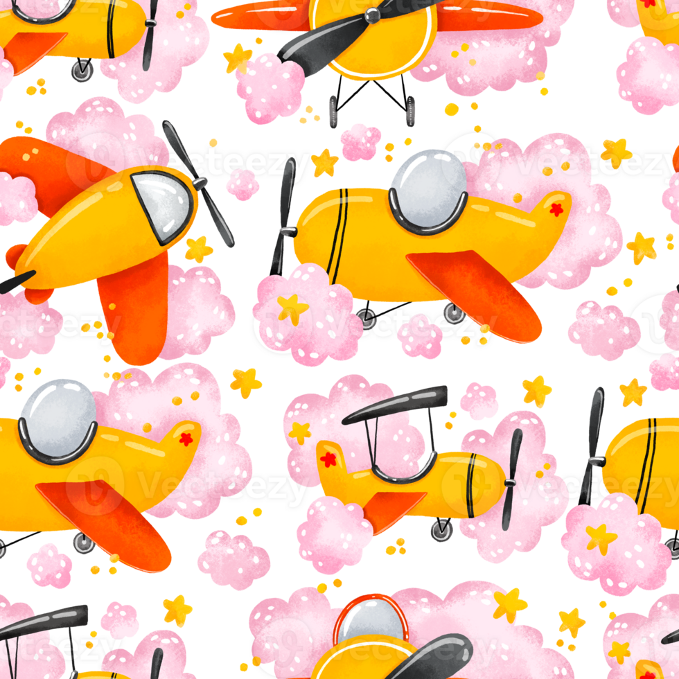 Seamless pattern with airplanes and clouds. Cartoon background for boys with transport. Background for children's room, textile, design, clothes png