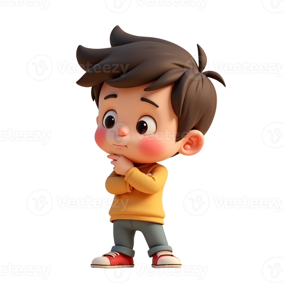 uma desenho animado Garoto em pé com dele mãos em dele queixo png