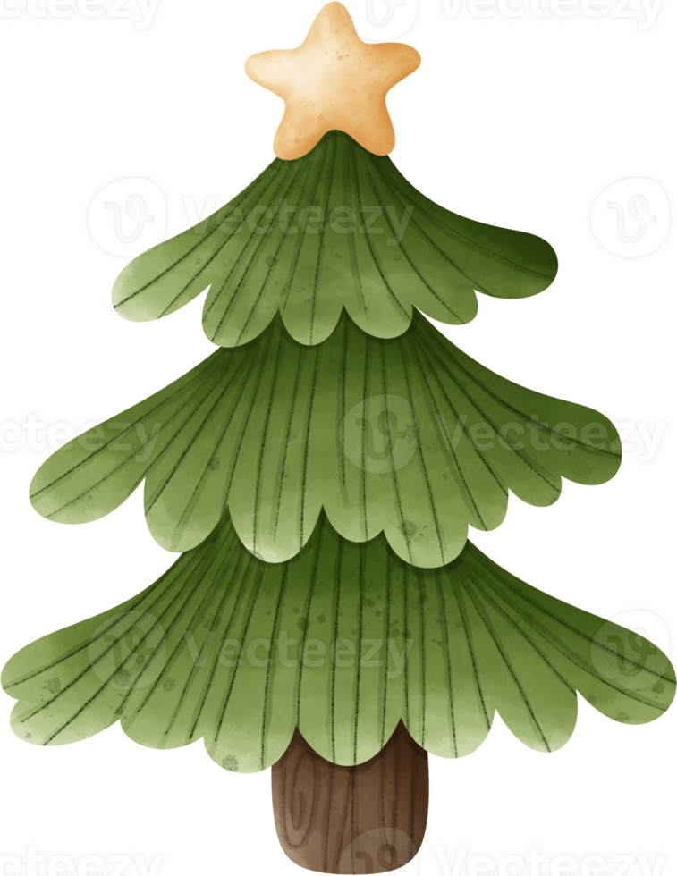 Simple cartoon style christmas tree It has a classic triangular shape with brown stems and lush green leaves. The tree has a gold star on top. The overall style is quirky and cheerful. png