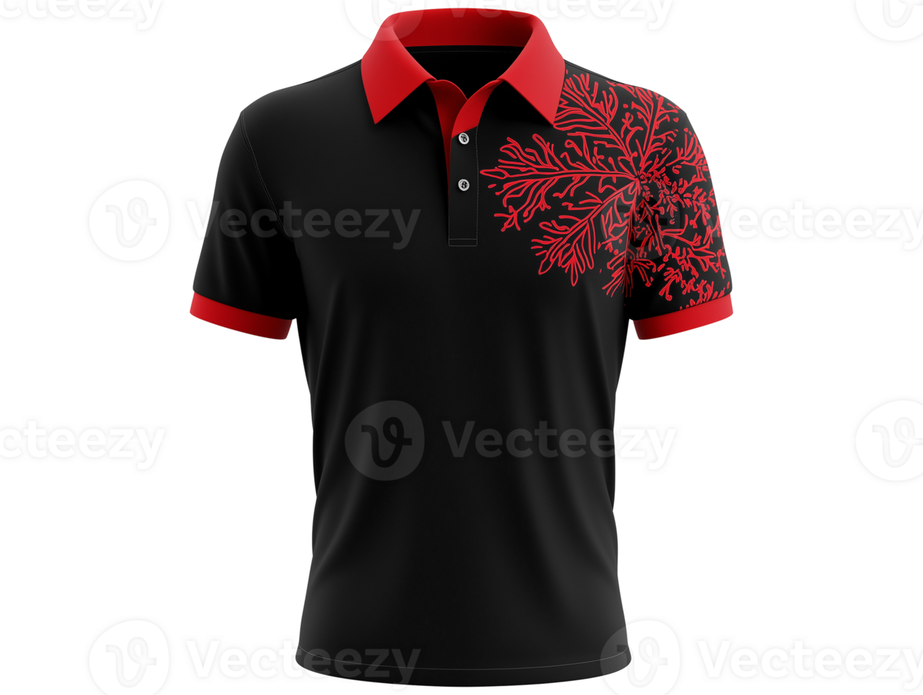 A black and red polo shirt with a red flower design png