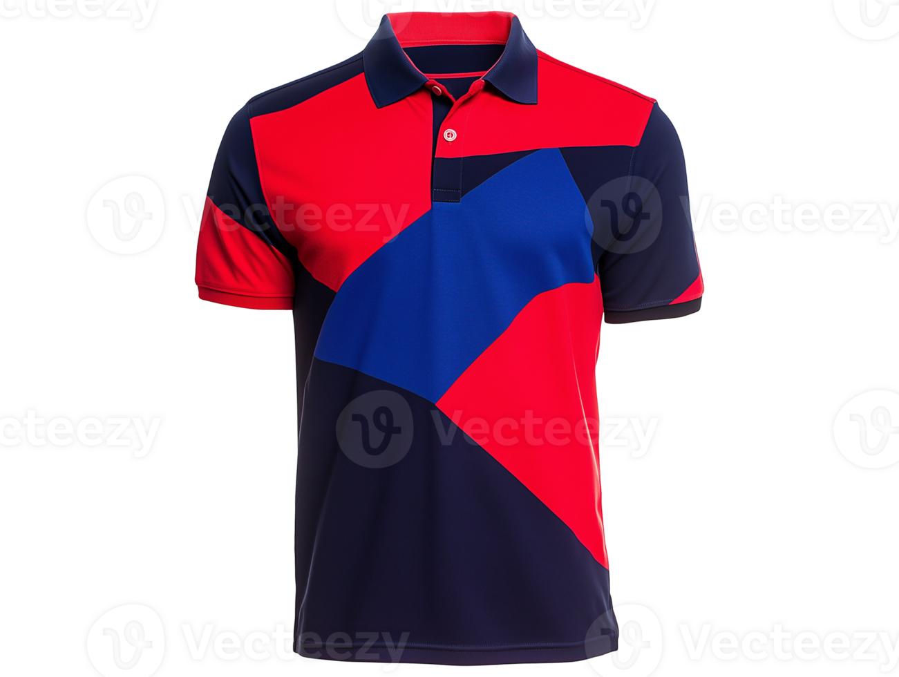 A red and blue polo shirt with a blue and black design png