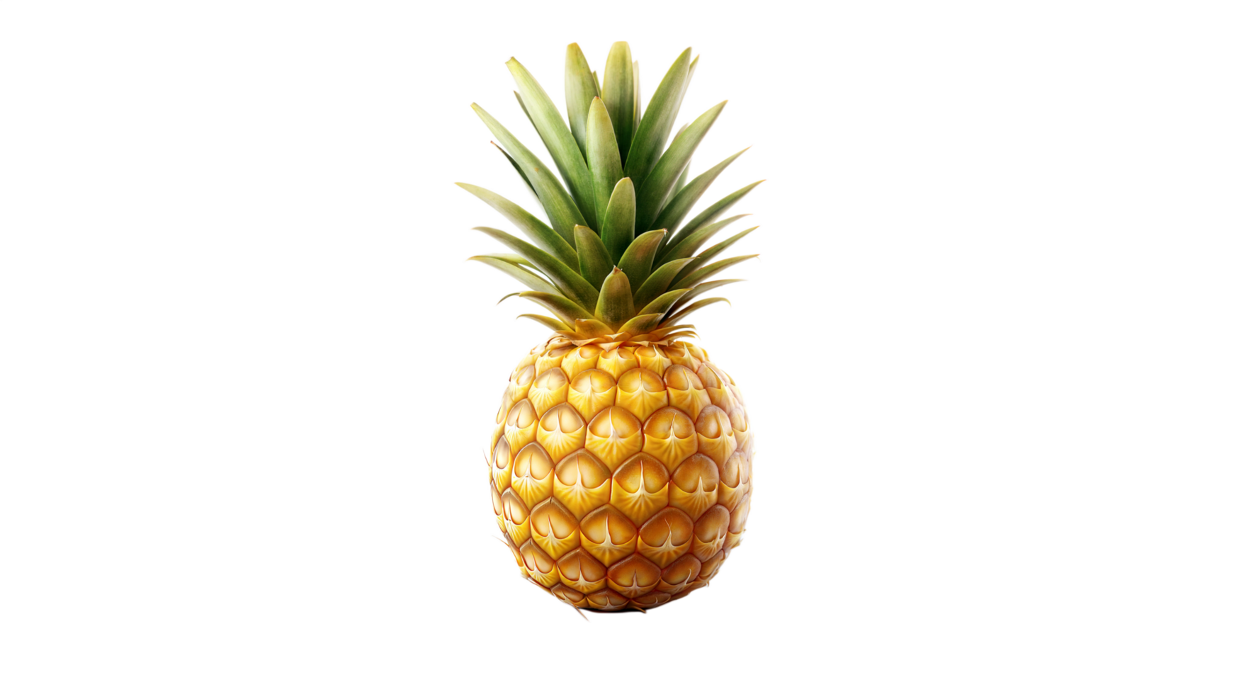 Single ripe pineapple with green leaves isolated, high-resolution cutout image png