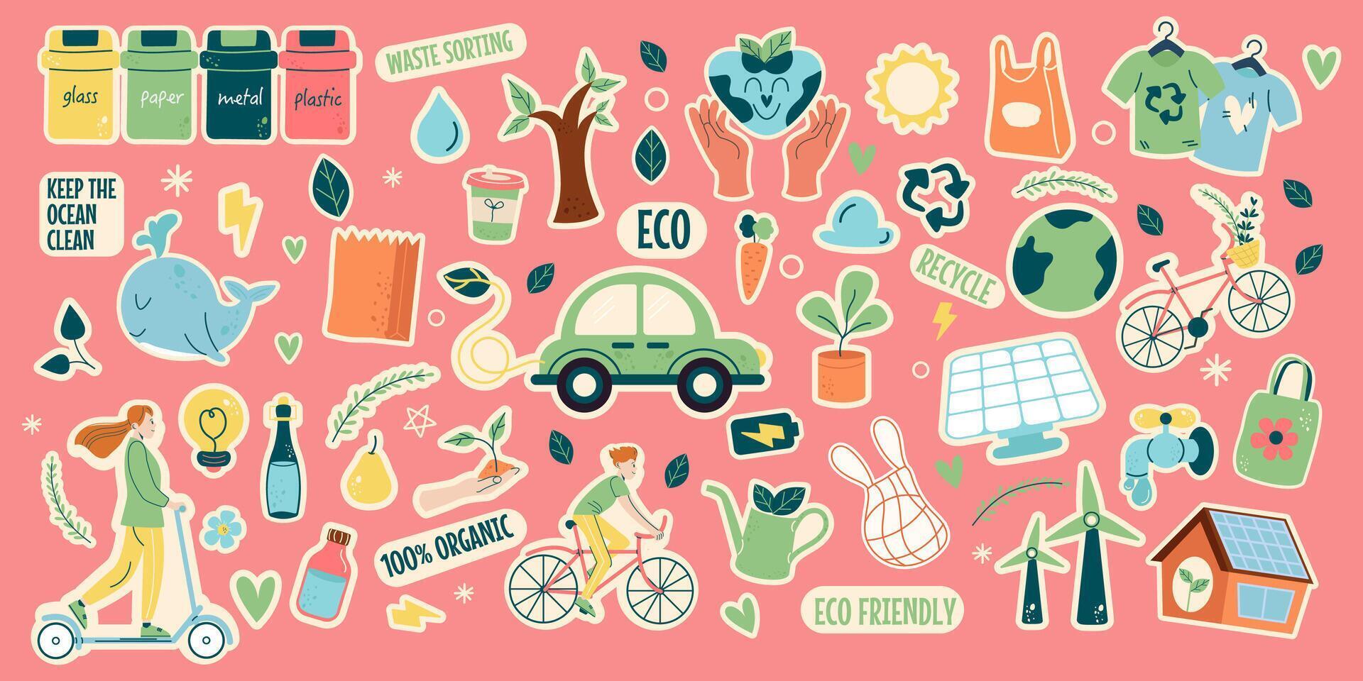 Collection stickers eco friendly cute elements flat design vector