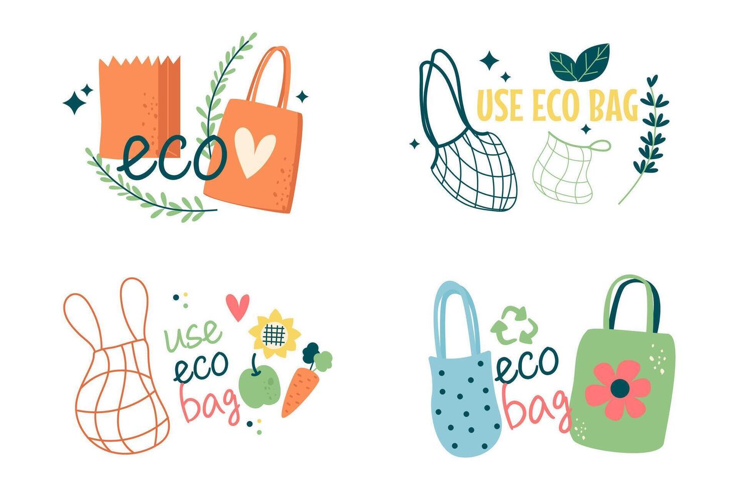 Set of shopping mesh eco bags with letterings vector