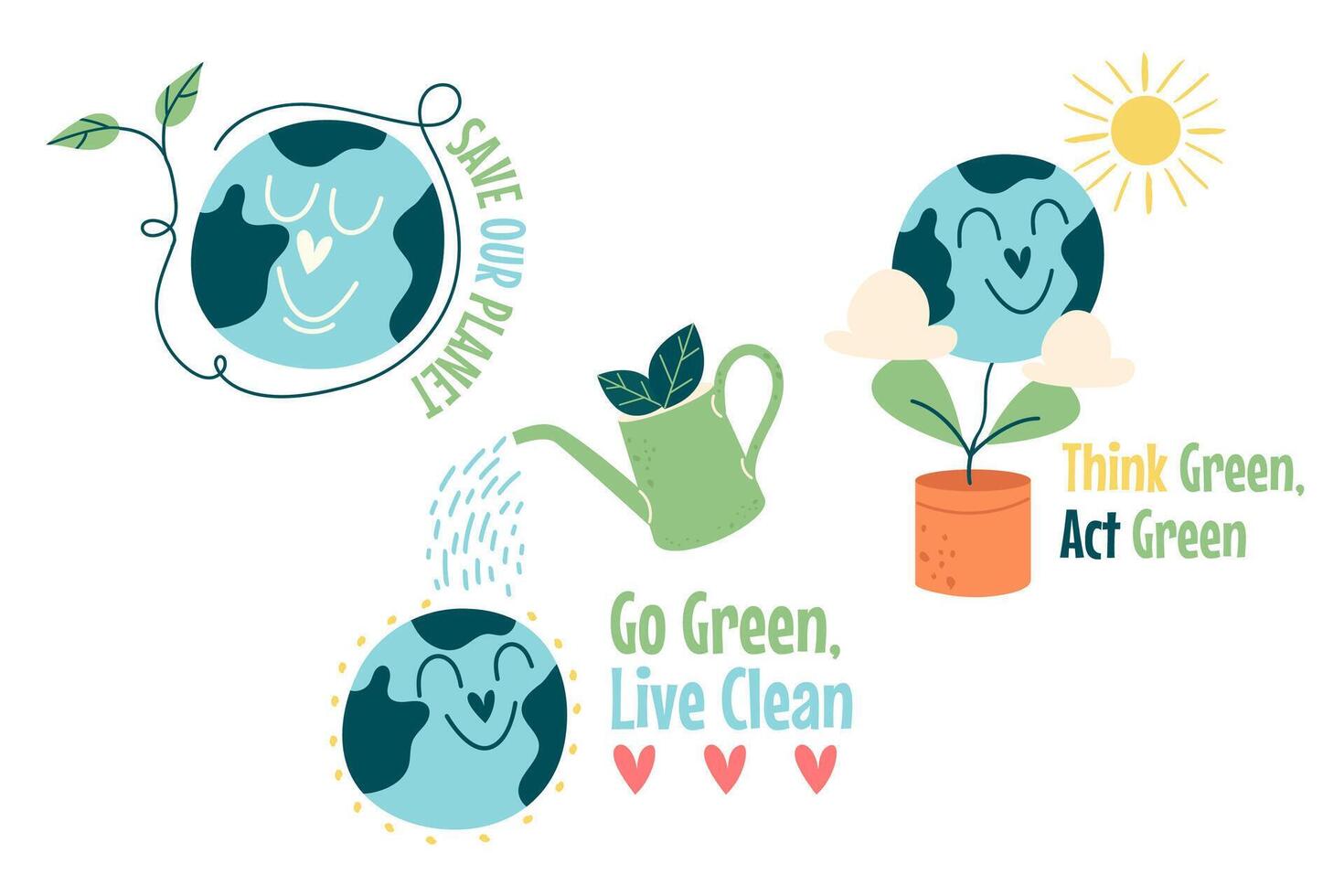 Set of kawaii characters planet earth eco letterings vector