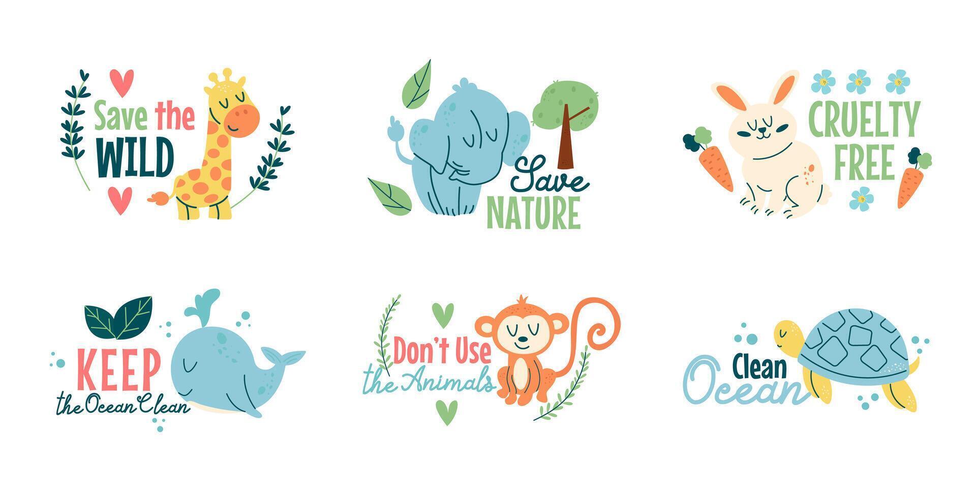 Set of cute eco animal characters with eco lettering vector