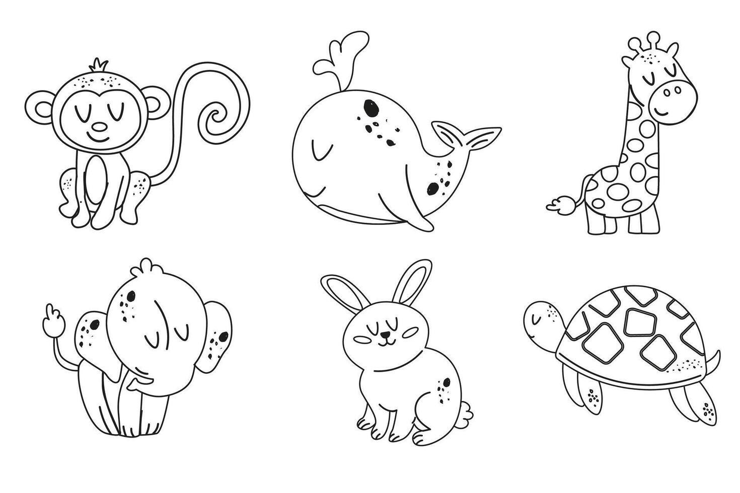 Set outline doodle of kawaii animal characters whale, giraffe, turtle, rabbit, elephant, monkey vector