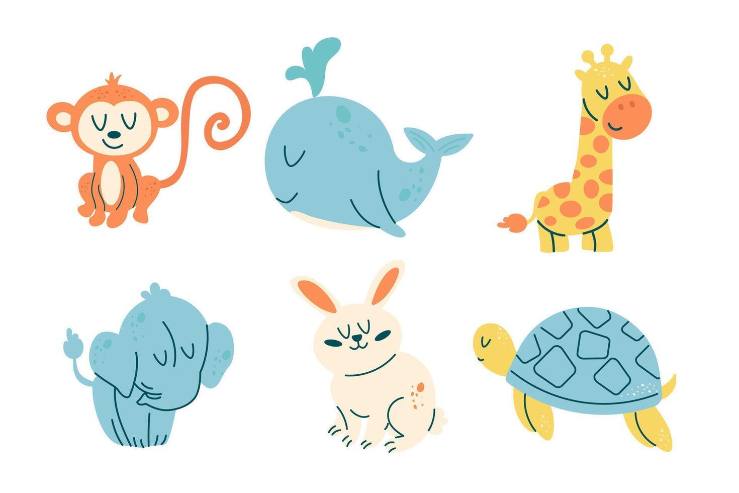 Set of kawaii animal characters whale, giraffe, turtle, rabbit, elephant, monkey vector