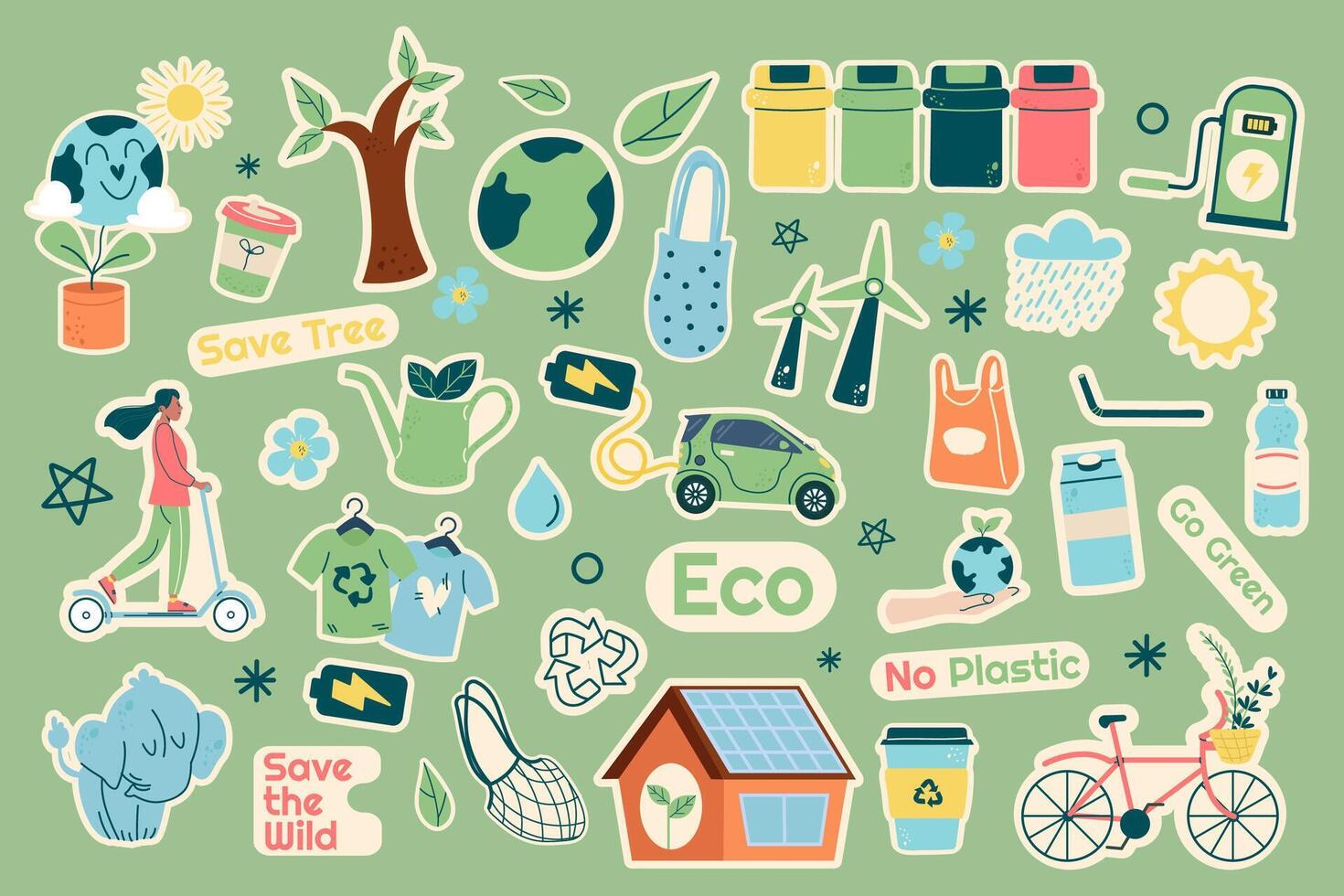 Set stickers ecology elements letterings elements vector