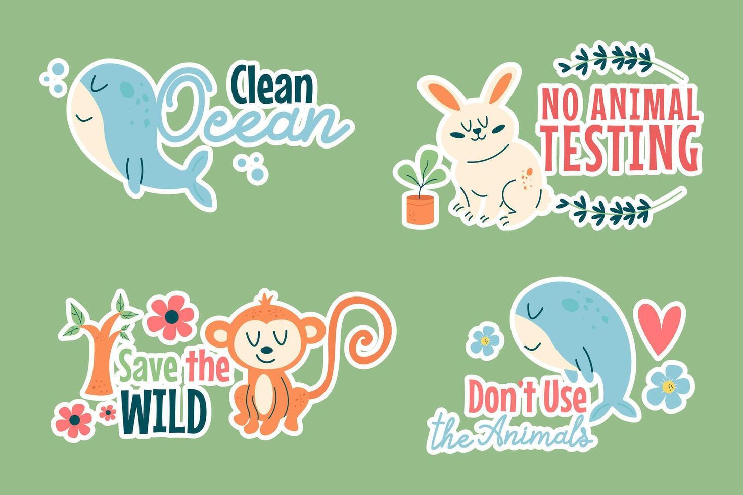 Set stickers of eco animal characters with eco lettering vector