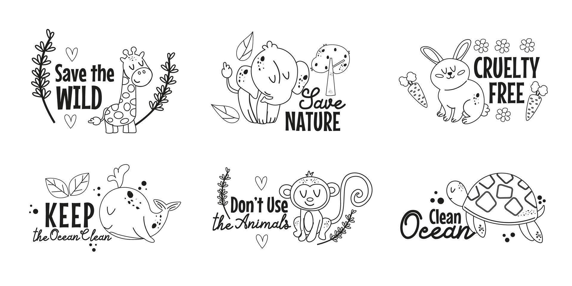 Set outline doodle of cute eco animal characters with eco lettering vector
