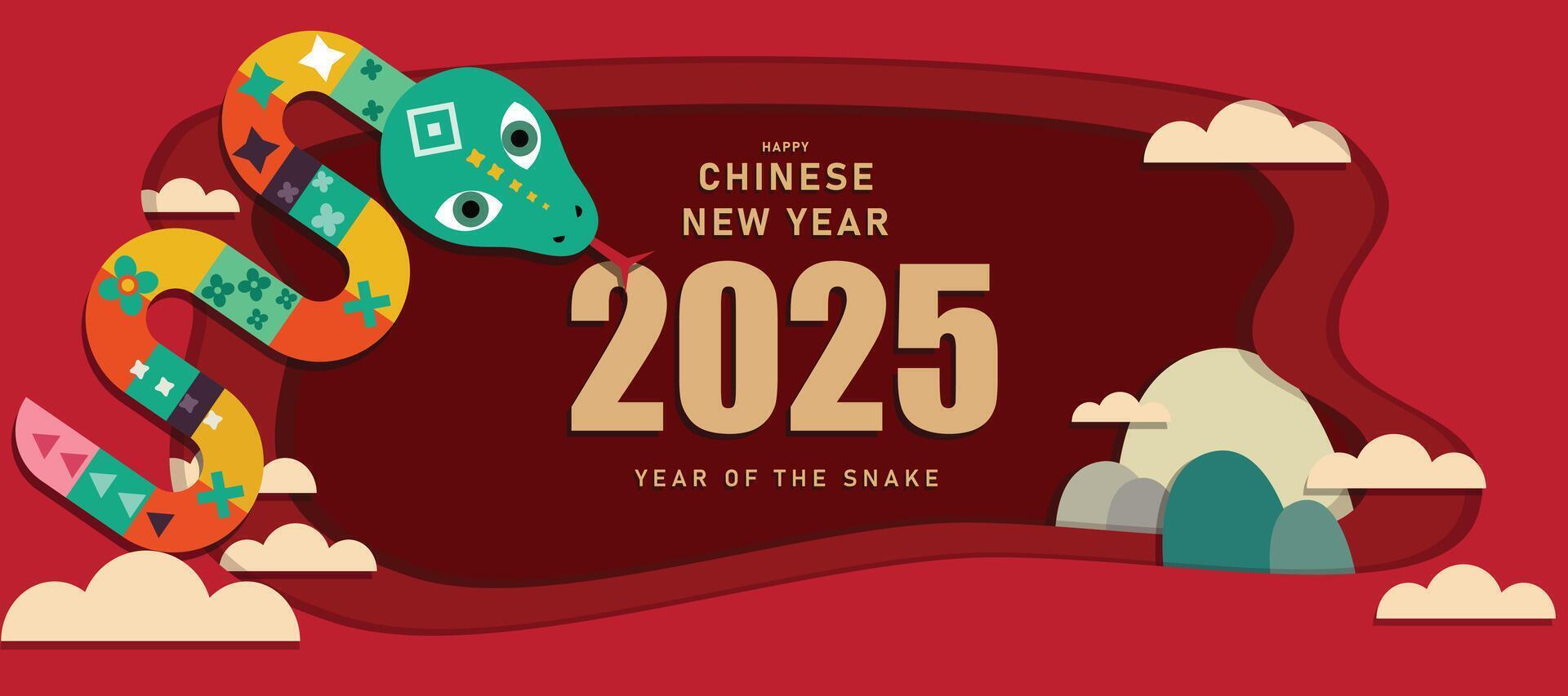 Chinese new year 2025 year of the Snake. Papercut Style Snake illustration and design. Red traditional Chinese designs with snake. Lunar new year concept, geometric modern design vector