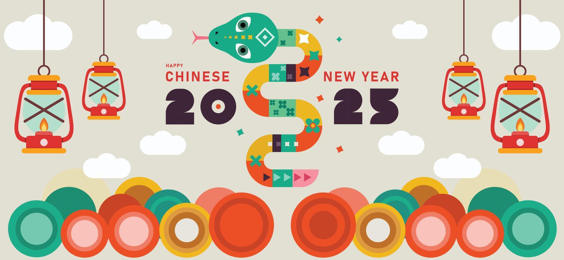 Chinese New Year 2025 modern design, happy Chinese new year 2025, template design with white snake, for cover, card, banner vector