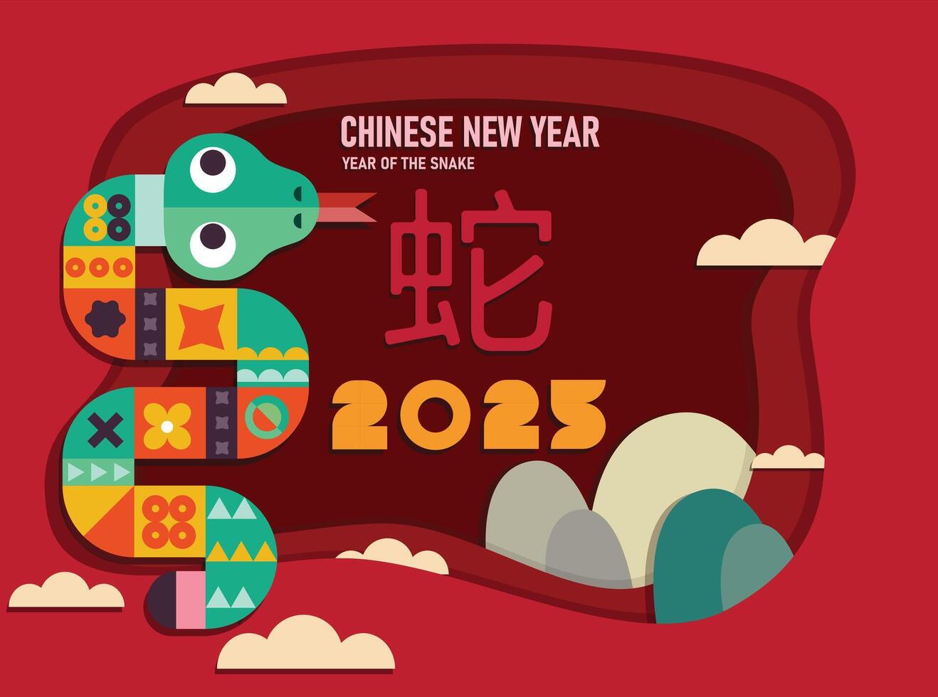 Chinese New Year 2025 modern art design set in red, design template for cover, card, poster, banner. Chinese zodiac Snake symbol Translation - snake vector