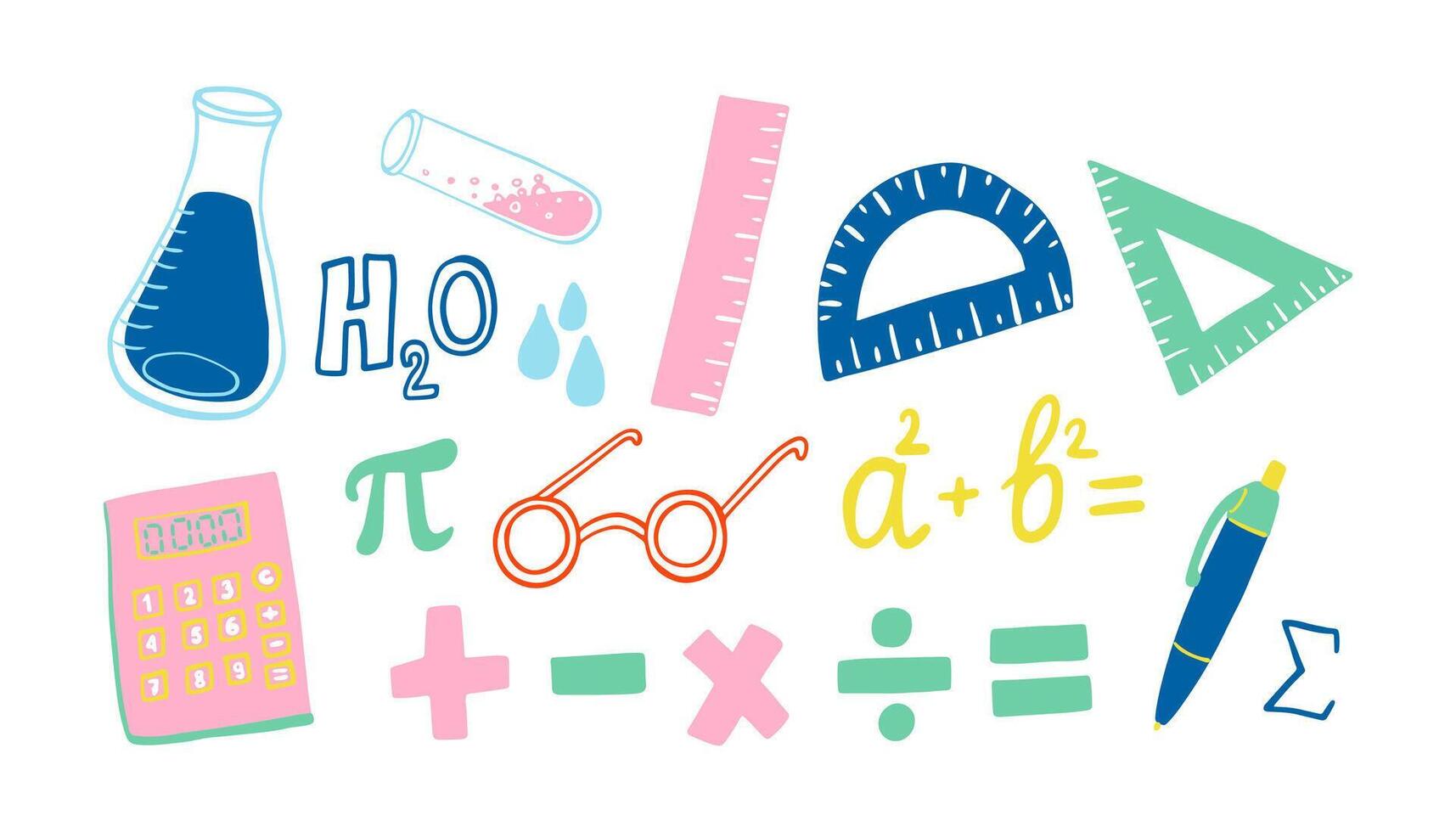 Cute stationery set. Office, school supplies, learning mathematics flat design. Geometry rulers, science, flask, test tube, water formula, equation, glasses, biology element set. vector