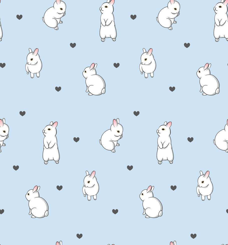 Pattern with cute little bunnies and hearts on blue background. White cartoon rabbit print for textile or wrapping paper vector