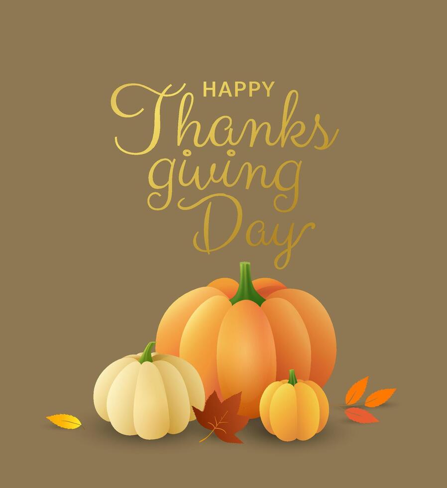 Happy Thanksgiving day greeting card with golden gradient text and pumpkins. Traditional harvest holiday vector