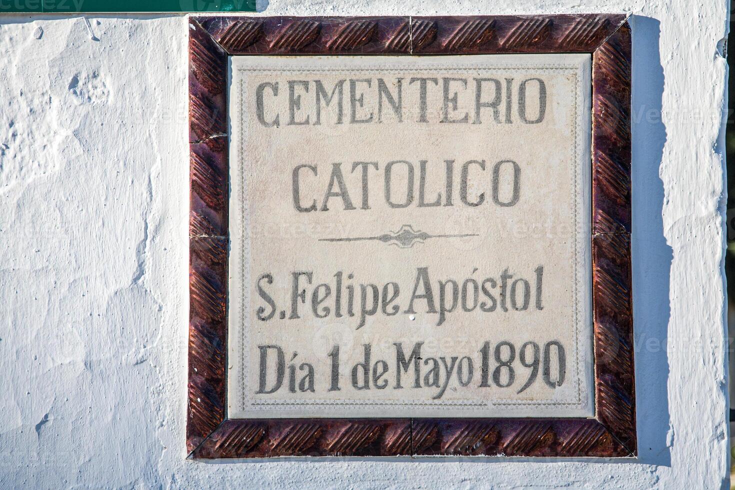 Historic Catholic Cemetery Sign in Aznalcazar, Seville, Andalucia, Spain photo