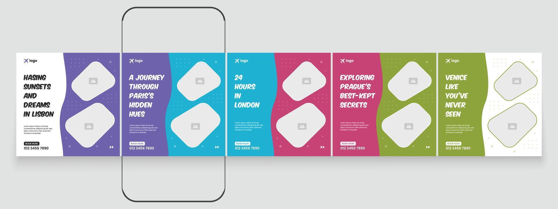 Editable travel social media carousel post template design vector