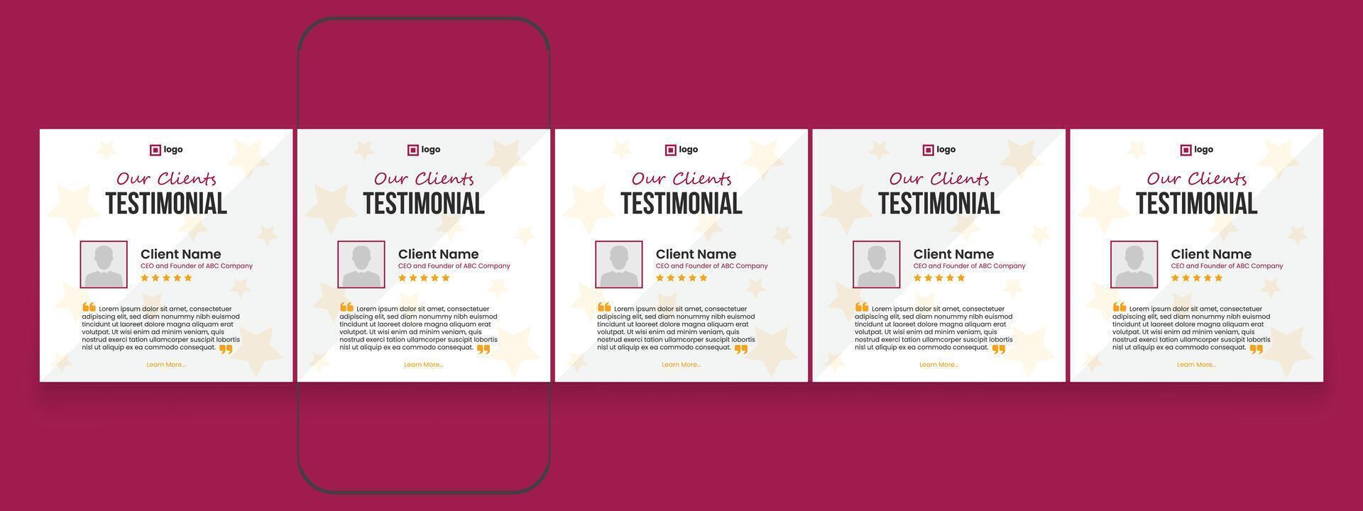 Modern client testimonials bundle, customer feedback review social media post carousel set template vector