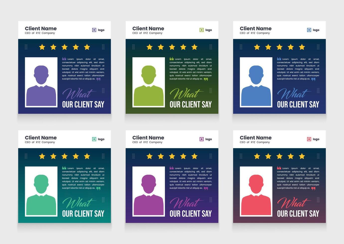 Clean and modern client testimonial banner set template. customer review social media post bundle carousel template design vector