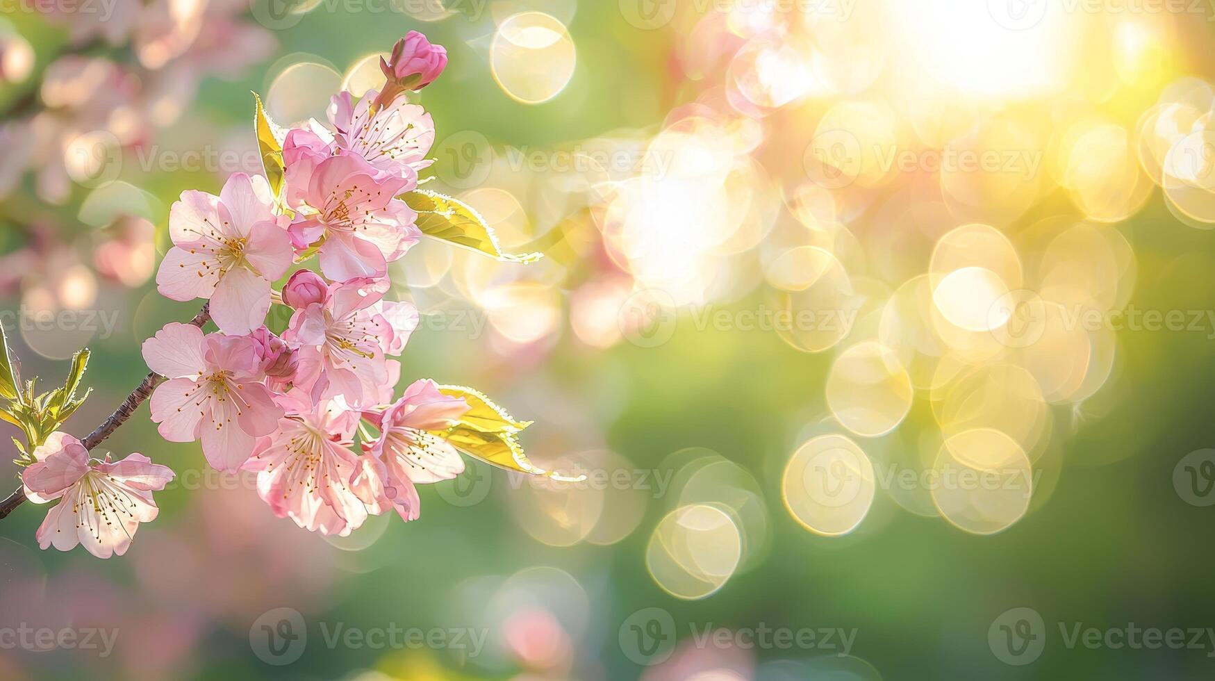 cherry blossoms blooming in sunny weather with warm light and bokeh background photo
