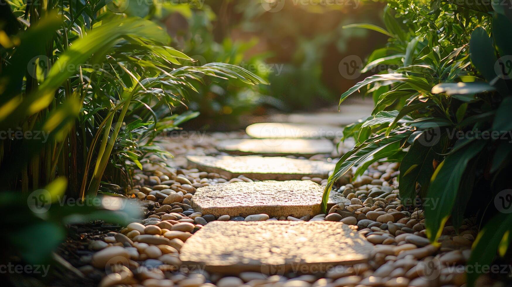The neatly arranged rocky paths are surrounded by neat and beautiful green plants photo