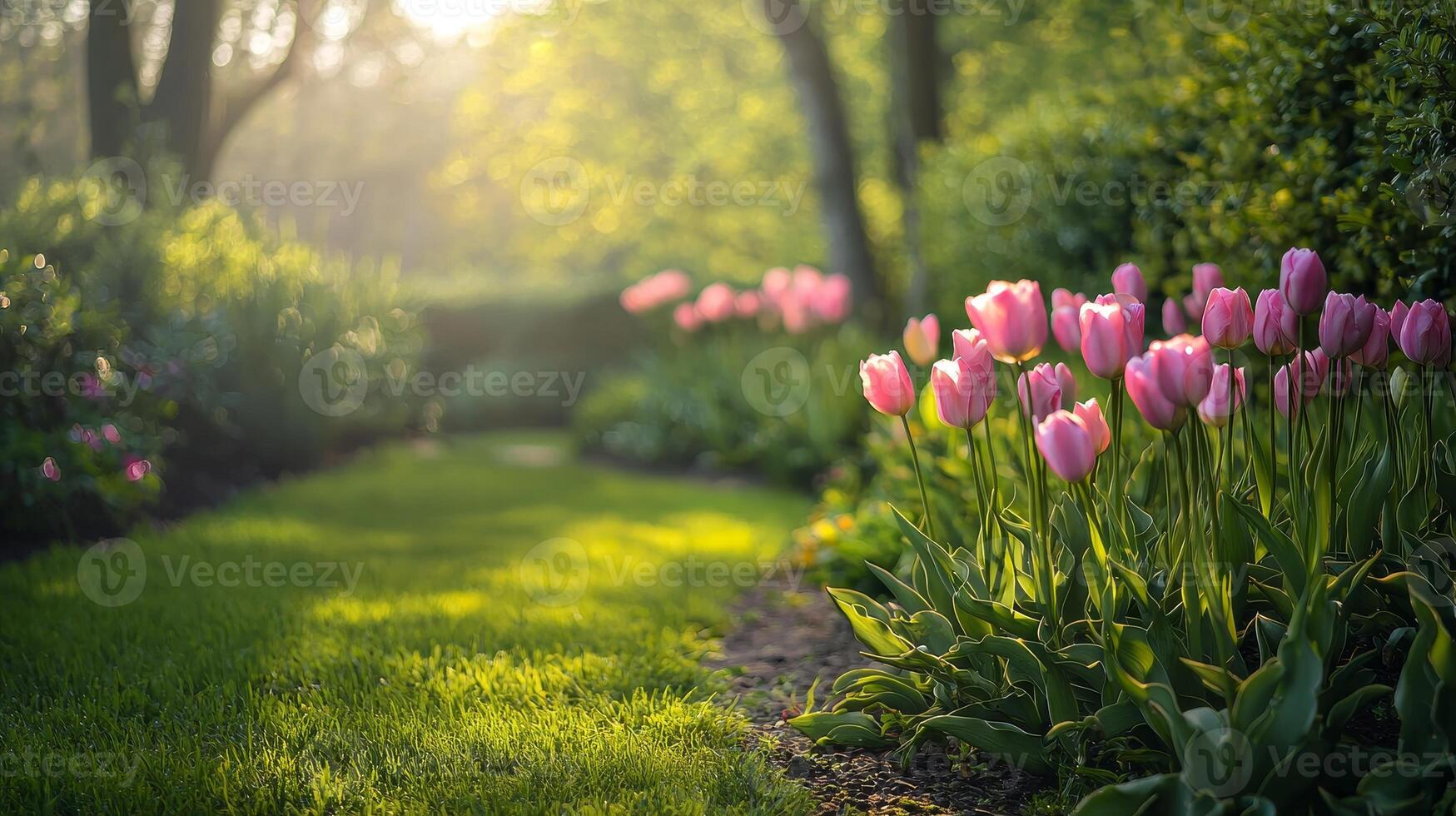 flower garden decorated with colorful tulips photo