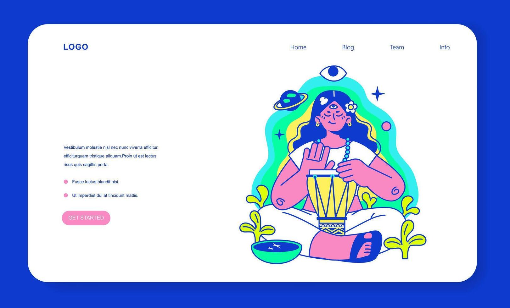 Psychedelic trip party web banner or landing page. Rave camp. vector