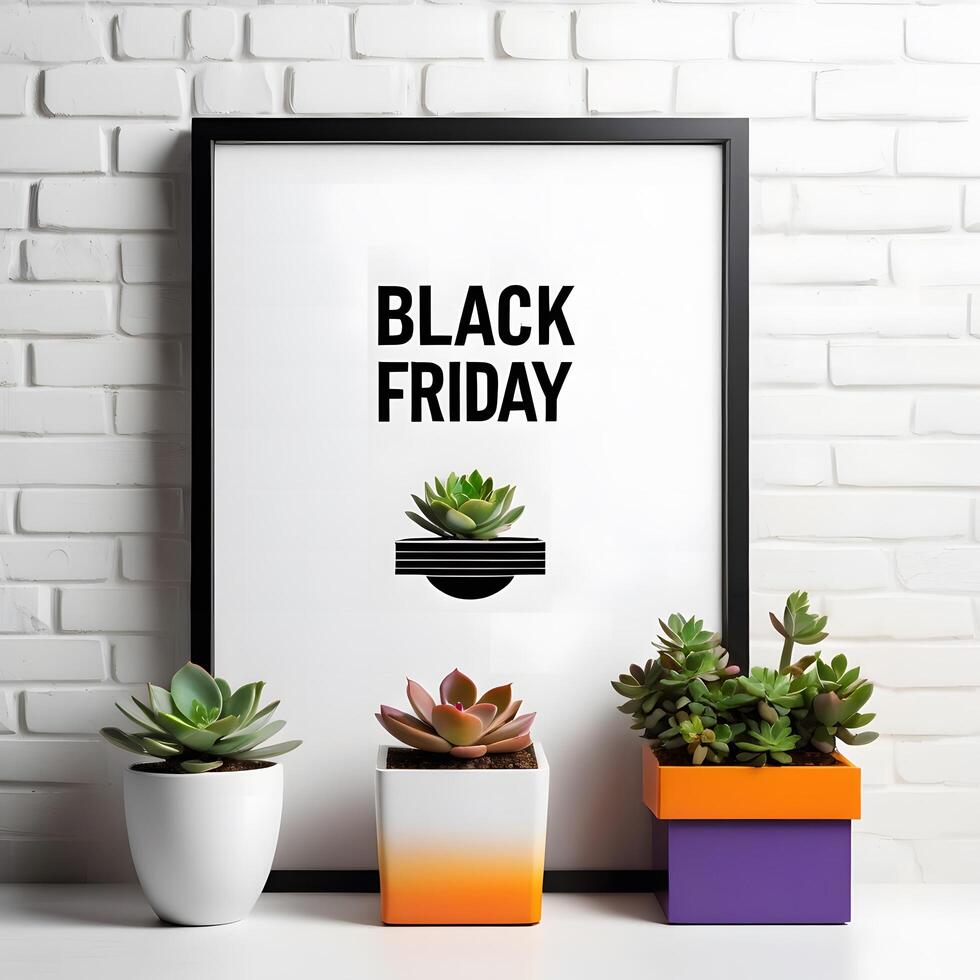 Black Friday sale. Lightbox with text and green plant on white background. photo