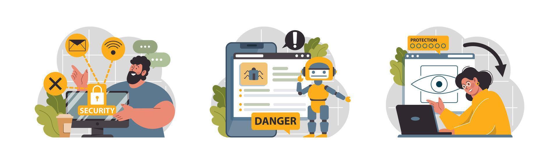 Cyber or web security set. Artificial intelligence provide data protection vector