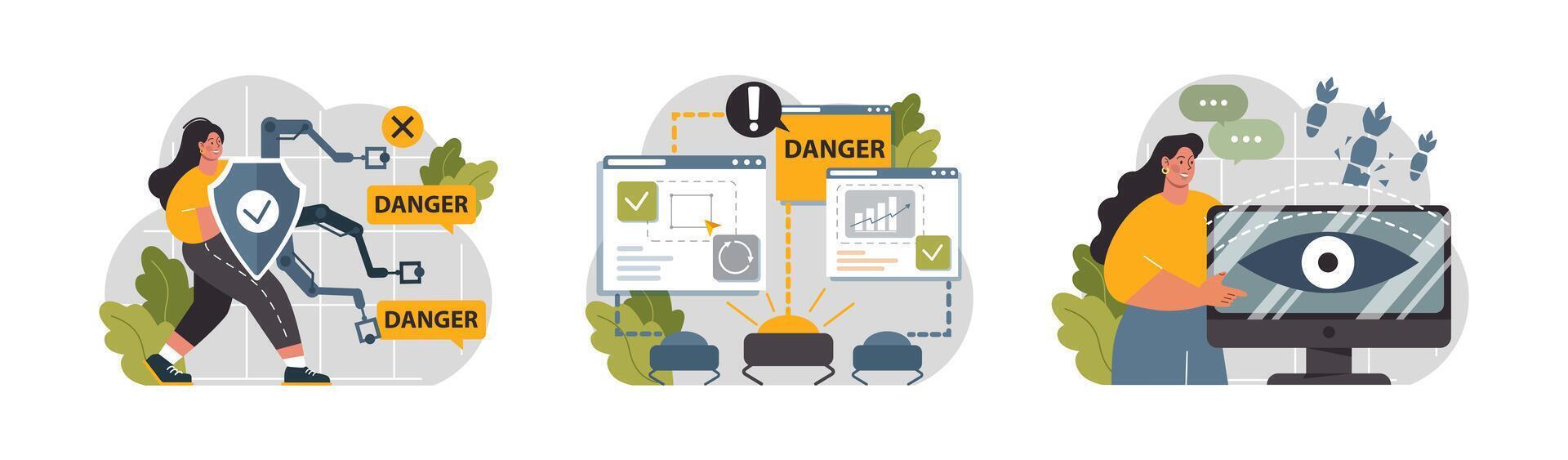 Cyber or web security set. Artificial intelligence provide data protection vector