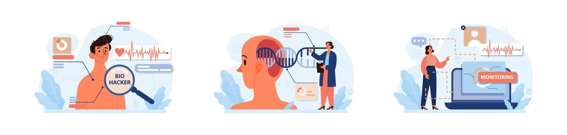 Biohacking set. Health' engineering and improving with modern vector