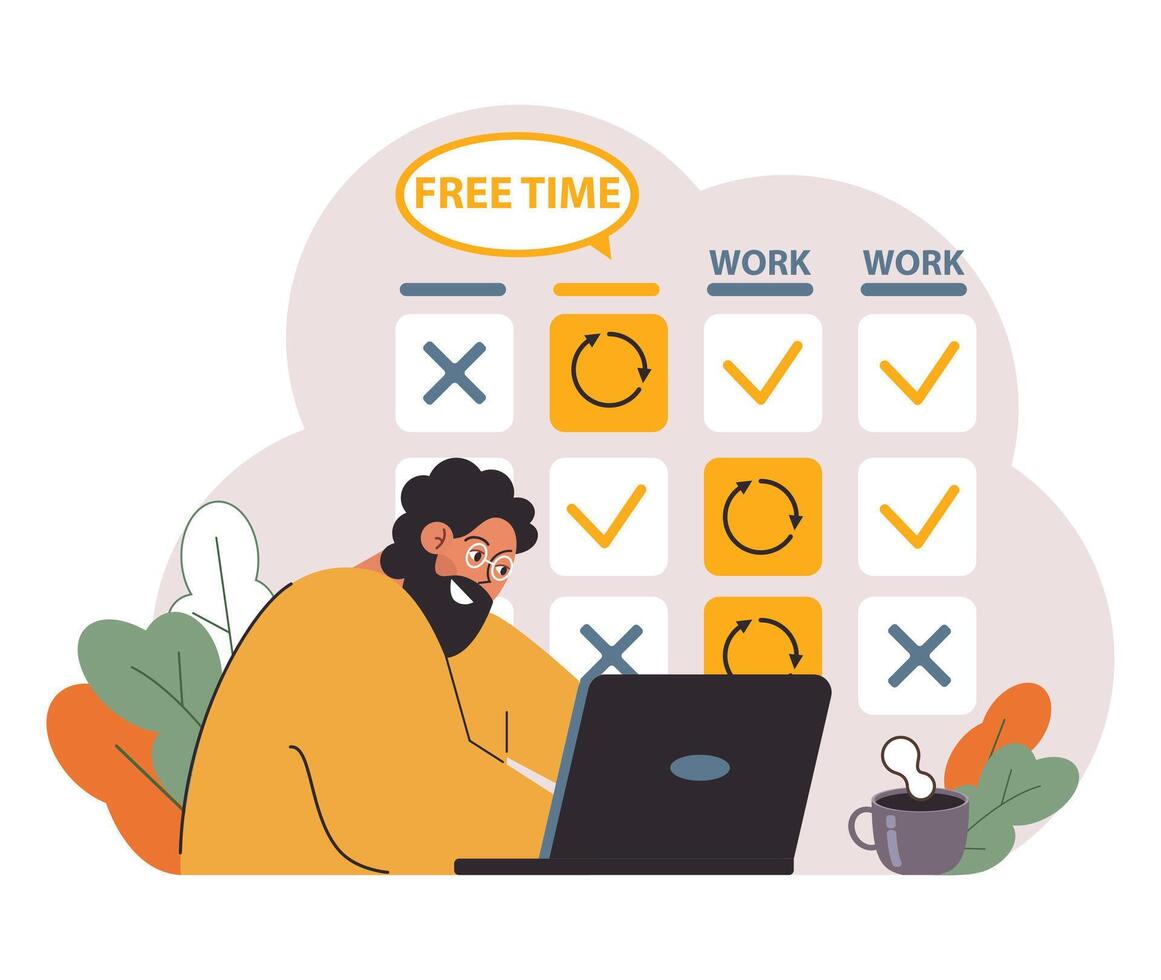 Hybrid work. Characters with a flexible schedule, working from office vector