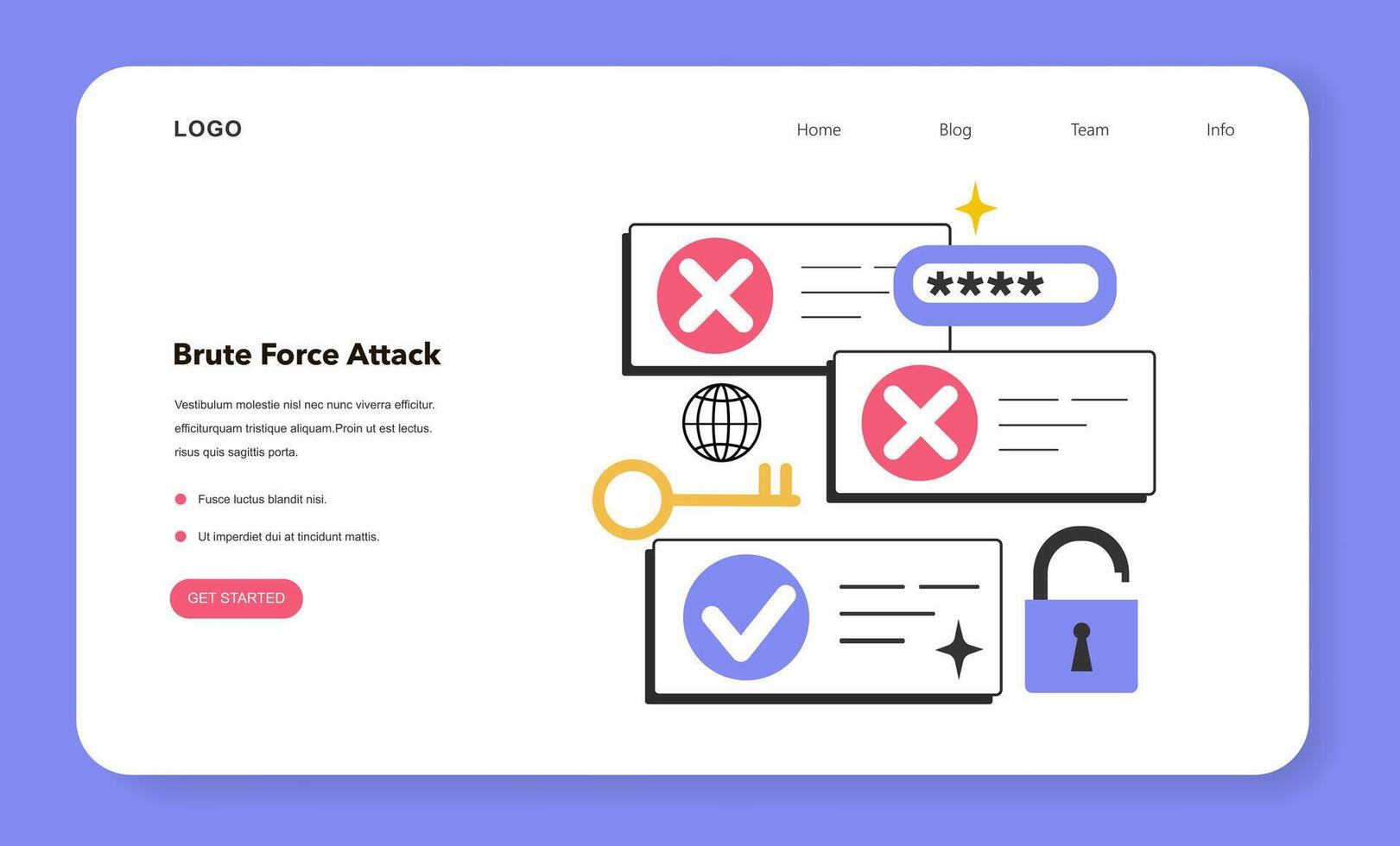 Brute force attack web banner or landing page. Cyber attack methodology vector