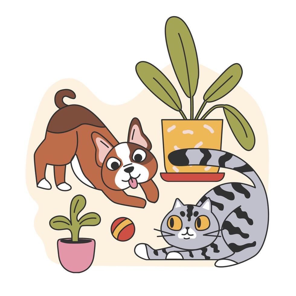 Cat and dog best friends. Cute puppy and kitten playing with each other. vector