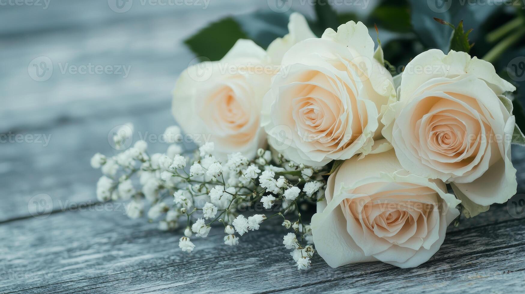 beautiful white roses on a wooden table photo